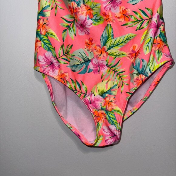 Bright Tropical Floral Zip-Up Rash Guard Swimsuit One-Piece Girls M - Picture 2 of 5